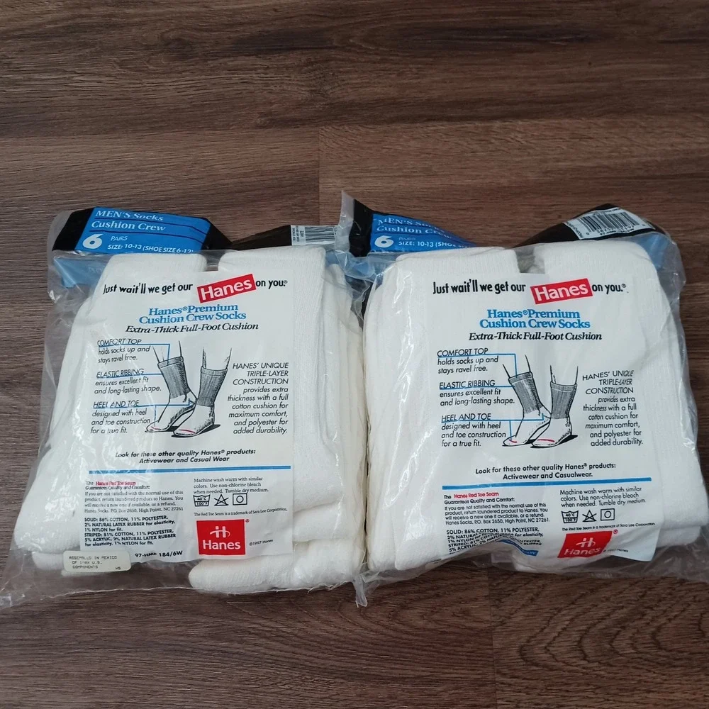 Vintage 1997 Hanes Premium Extra Thick Cushion Crew Socks Mens 10-13